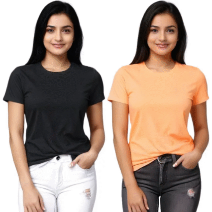 Pack of 2 Women Solid Round Neck Cotton Blend Multicolor T-Shirt