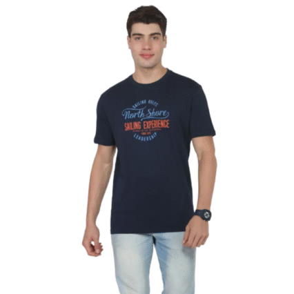 Men Printed Round Neck Pure Cotton Navy Blue T-Shirt