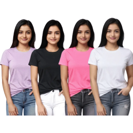 Pack of 4 Women Solid Crew Neck Pure Cotton Multicolor T-Shirt